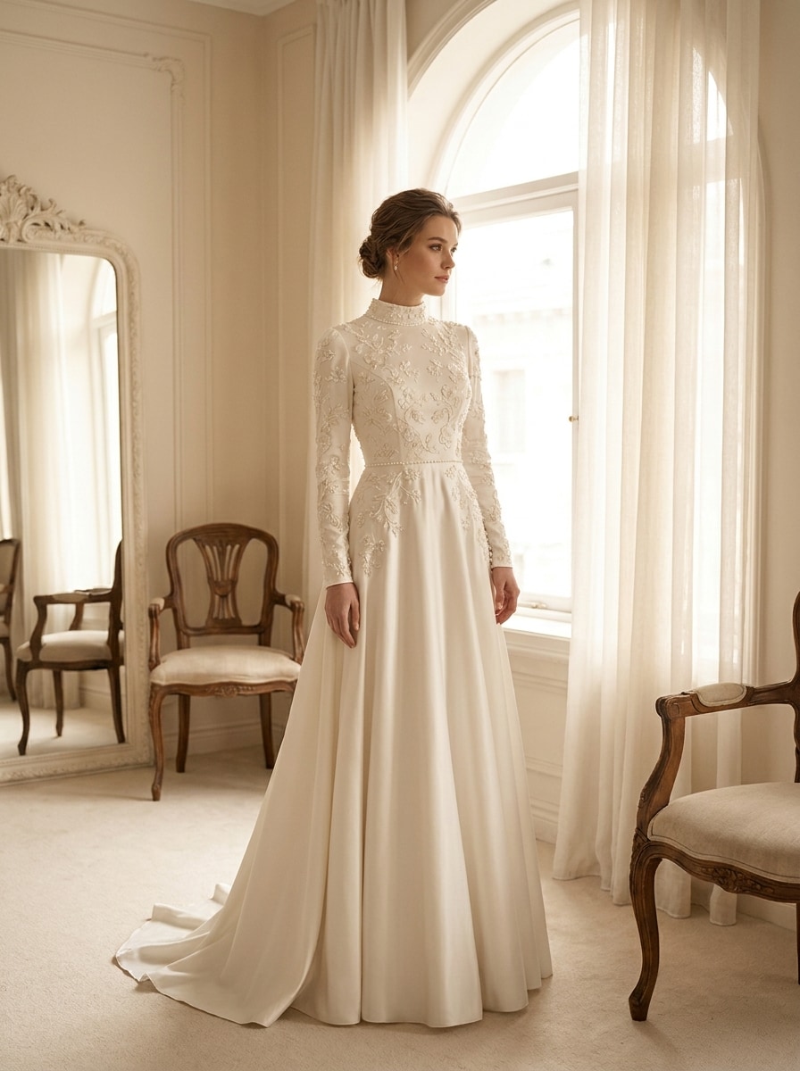 Bride admiring a wedding gown in a bridal boutique